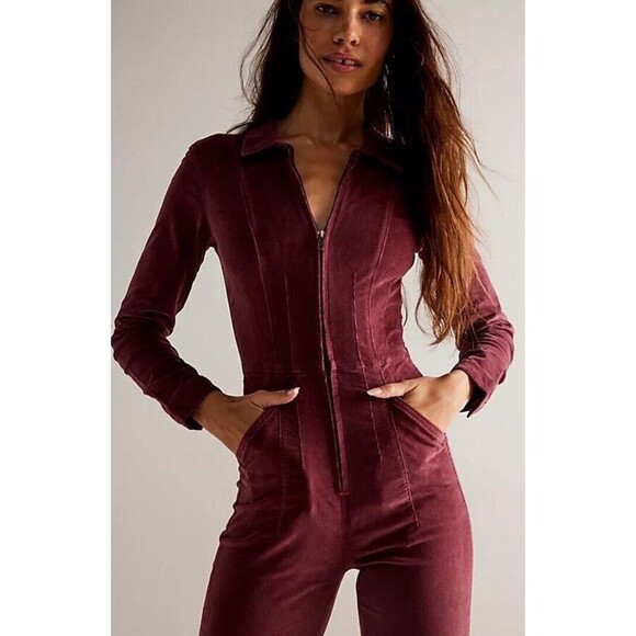 NWT $178 Free People Jayde Cord Flare Jumpsuit Wine L Cottagecore Western Retro - Picture 3 of 16
